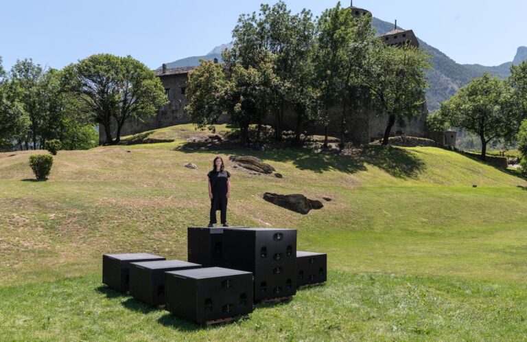 Meadow with trees in the background. In the foreground, a woman in black clothing stands with several large bass speakers lying on the grass. 